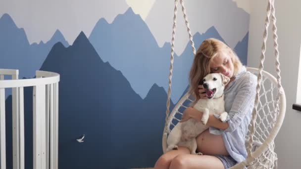 Beautiful pregnant woman on a wicker swing with a dog in her arms. young woman is playing with her dog. portrait of a woman stroking a dog jack russell. — Stock Footage Beautiful pregnant woman on a wicker swing with a dog in her arms. young woman is playing with her dog. portrait of a woman stroking a dog jack russell. Stock Footage