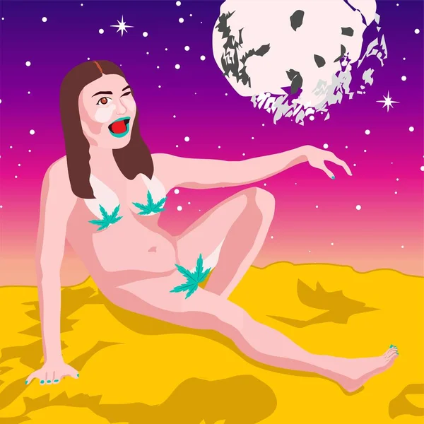 Naked girl looking at the moon and stars cannabis marijuana weed leaf night...