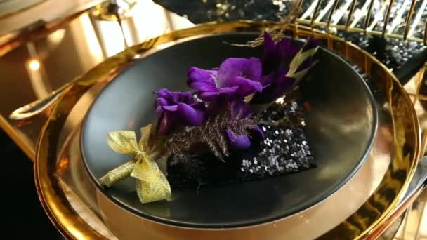 Gold Black Cutlery Lilac Gladiolus Leaves — Stock Video