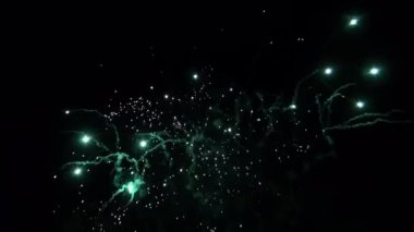 Gece gökyüzünde parlayan ışıklarla renkli havai fişek gösterisi