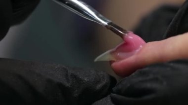 Profesyonel manikür. Çivi uzantısı. Bir tırnak fırçasıyla bir damla pembe oje sürmeye yakın çekim. Modern bir güzellik salonunda uzun yapay jel tırnaklar yapma prosedürü..