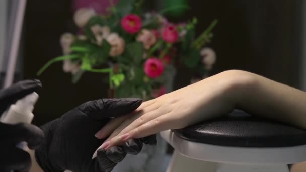 Profesjonalny Manicure Przedłużenie Paznokci Leczenie Ręczne Aerozolem Antyseptycznym — Wideo stockowe