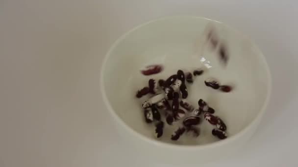 Feijões salpicados são derramados em uma grande xícara branca — Vídeo de Stock