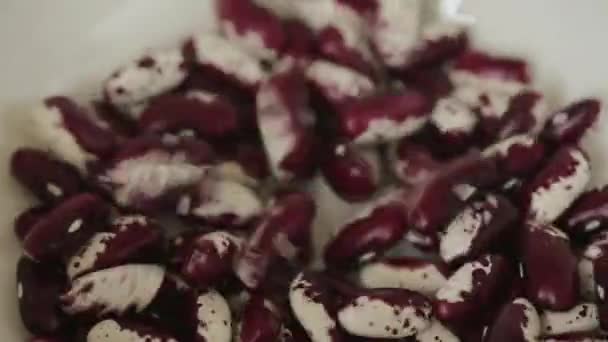 Haricots mouchetés sont versés dans une grande tasse blanche gros plan — Video