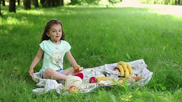 Piquenique Natureza Uma Menina Gramado Verde Morde Uma Torta Com — Vídeo de Stock