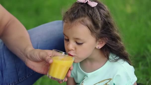 Family Picnic Dad Gives His Little Daughter Orange Juice Glass — Stock Video