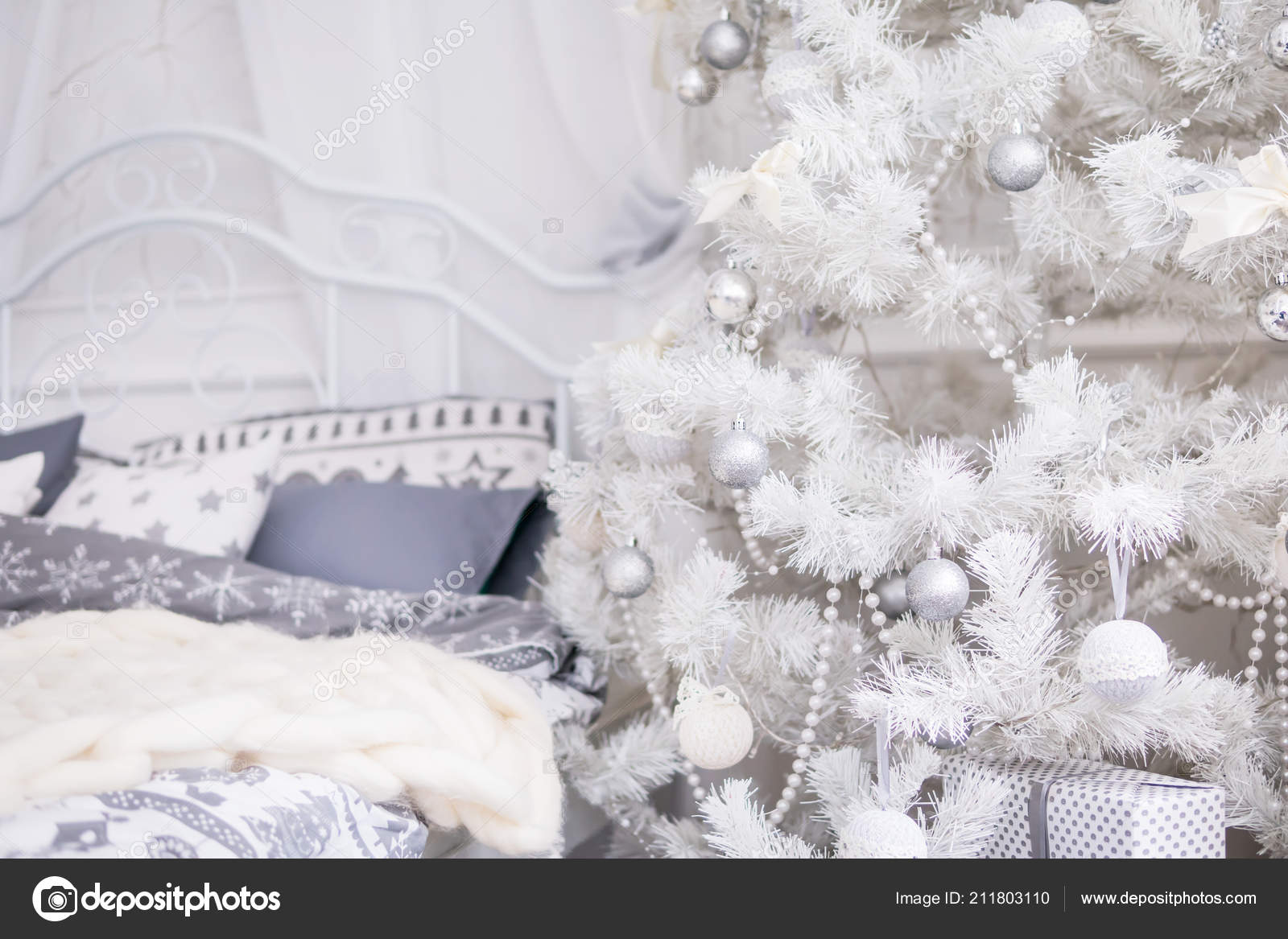 White Christmas Tree Silver Balls Bed Background Stock