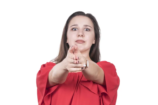 Surprised Woman Folds Her Arms Gun Aims Camera Isolated White — Stock Photo, Image