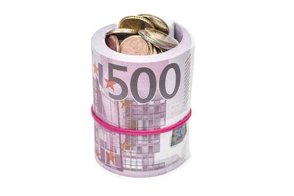 Tube de monnaie en euros avec pièces — Photo