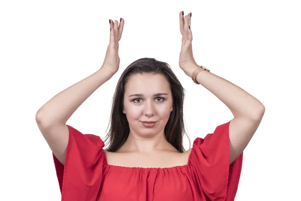 Mooie Vrouw Het Rood Rechtmaakt Kroon Het Hoofd Geïsoleerd Tegen — Stockfoto