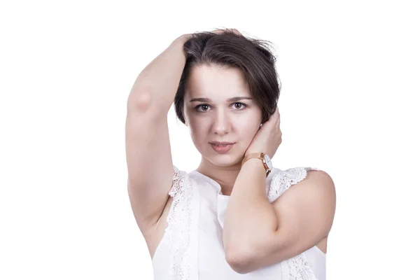 Portrait Beautiful Woman Adjusting Her Hair Her Hands Isolated White — Stock Photo, Image