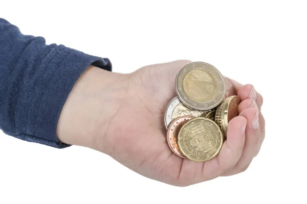 Palmera Infantil Llena Monedas Euro Aisladas Sobre Fondo Blanco — Foto de Stock