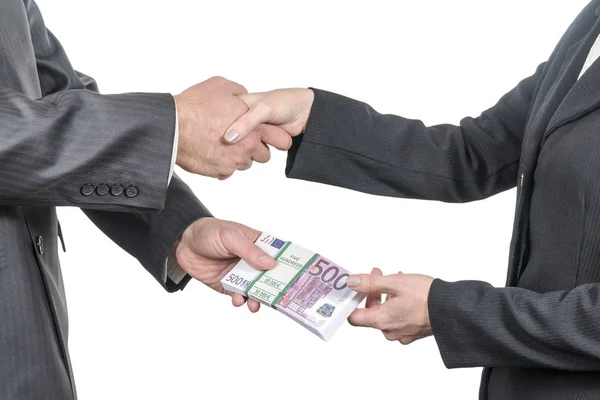 Businessman Handing Pack Euro Money Woman Shaking Her Hand Isolated — Stock Photo, Image