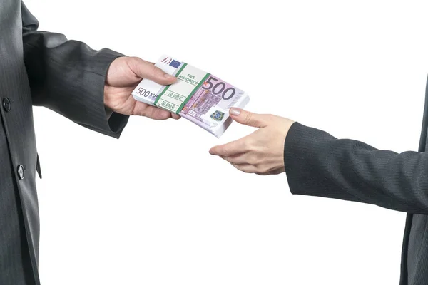 Businessman Giving Euro Money Woman Hand Hand Isolated White Background — Stock Photo, Image