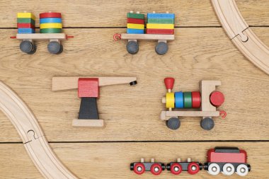 oyuncaklar - ahşap bloklar ve eski ahşap tahta üstünde belgili tanımlık yol ile tren alt kümesini