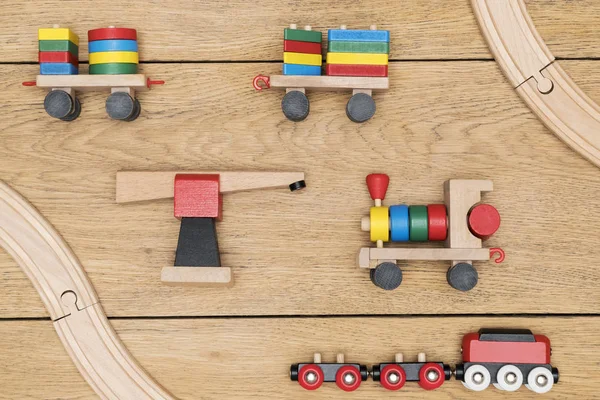 Set Children Toys Wooden Train Blocks Road Old Wooden Board — Stock Photo, Image