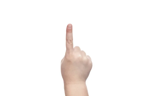 Hand Van Het Kind Met Wijsvinger Naar Boven Geïsoleerd Witte — Stockfoto