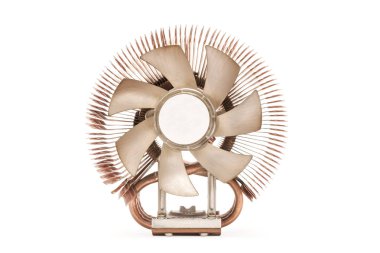 Large powerful fan with copper tubes and heat sink isolated on white background