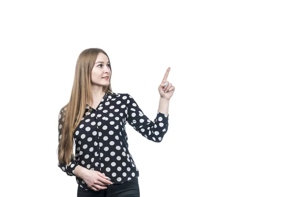 Bela Mulher Negócios Bolinhas Ponto Camisa Aponta Dedo Para Cima — Fotografia de Stock