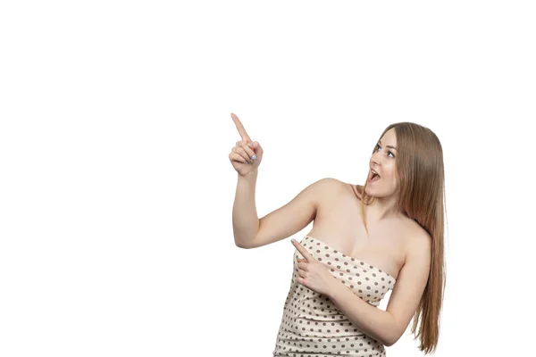 Mooie Sexy Vrouw Wijst Vingers Naar Kant Omhoog Geïsoleerd Witte — Stockfoto