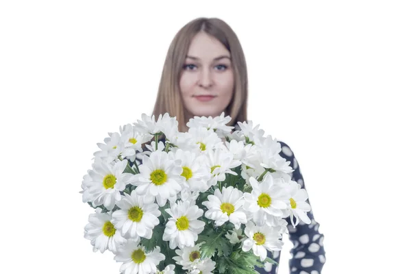 Girl with a bouquet of chrysanthemums — Stock Photo, Image
