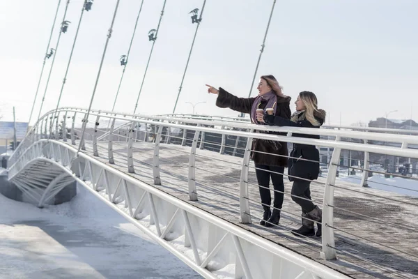 woman points her hand into the distance, standing with a friend on a pedestrian bridge in winter