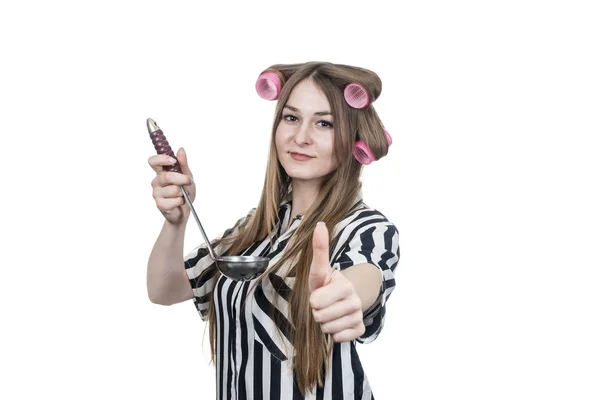 Zakenvrouw Met Een Pollepel Krulspelden Duimen Opdagen Geïsoleerd Een Witte — Stockfoto