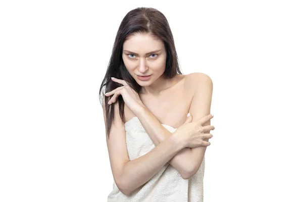 Portrait Beautiful Thin Woman Wrapped Towel Isolated White Background — Stock Photo, Image