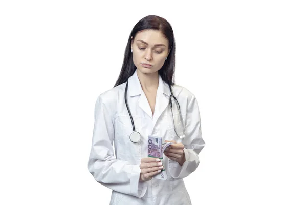 Woman Doctor Flipping Pack Euro Money Face Value Five Hundred — Stock Photo, Image