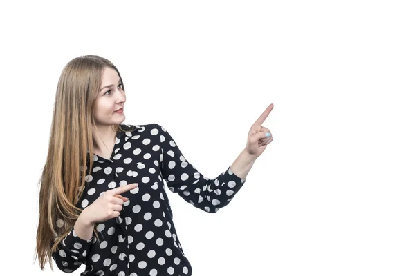 水玉シャツのビジネス女性彼女の指をポイントは 側面のとの分離の白い背景を — ストック写真