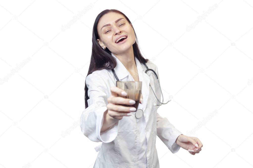 Woman doctor says toast clinking glasses on camera isolated on white background