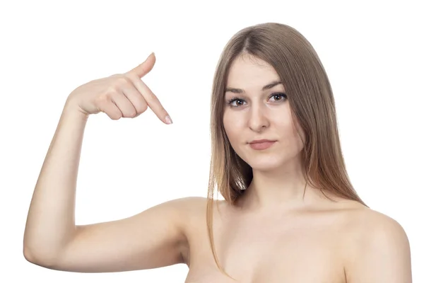 Sexy woman points to herself — Stock Photo, Image