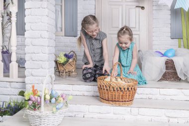 Çocuk tavuk bir sepet içinde görüntüleyin.