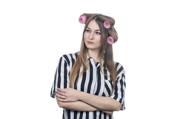 Serious business woman in curlers — Stock Photo, Image