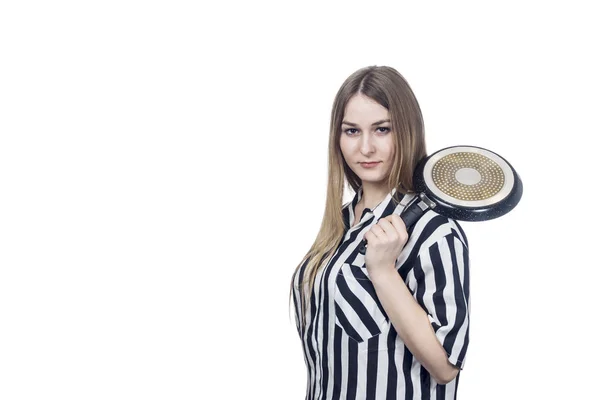 Retrato de uma mulher com frigideira — Fotografia de Stock