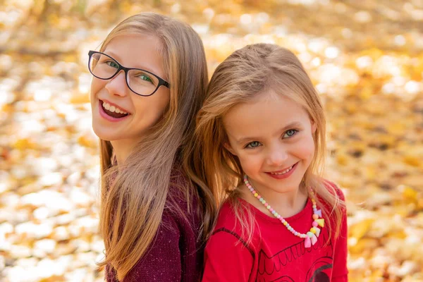 Porträt Von Zwei Schönen Lächelnden Kleinen Mädchen Inmitten Von Herbstblättern — Stockfoto