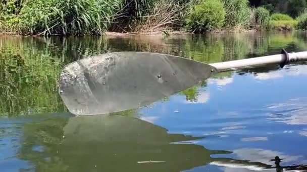 Reflejo Luz Del Sol Una Paleta Kayak Metal Cerca Superficie — Vídeos de Stock