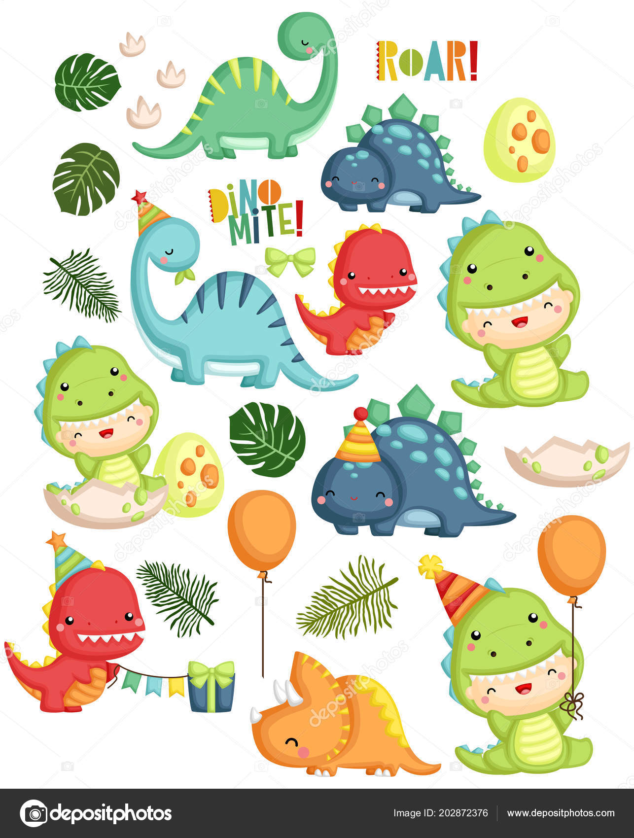 Conjunto Vectores Dinosaurios Tema Cumpleaños Vector de stock