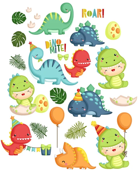 Vector Set Dinosaur Birthday Theme — Stock Vector