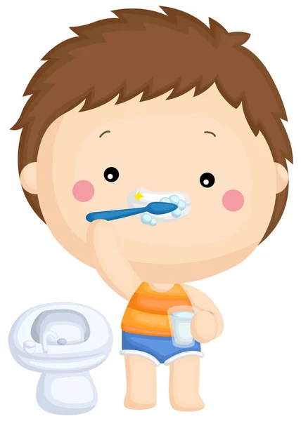 Kid Brushing His Teeth — Stock Vector
