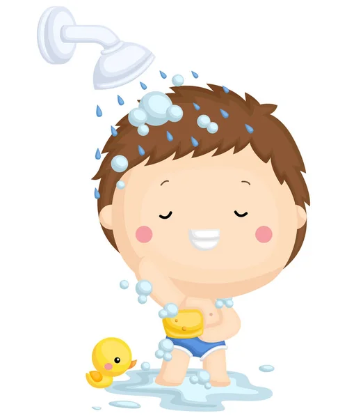 一个男孩愉快地用鸭子玩具洗澡 — 图库矢量图片