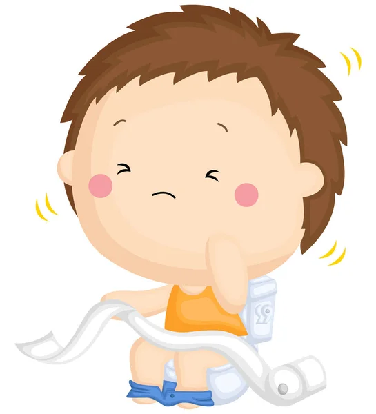 Boy Pooping Toilet Holding Tissue Roll — Stock Vector