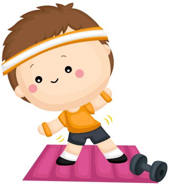 üstünde tepe-in yoga mat dumbbell yanında egzersiz bir çocuk