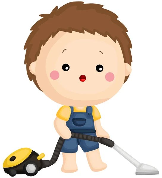 Boy Vacuum Cleaner Cleaning Room — Stock Vector