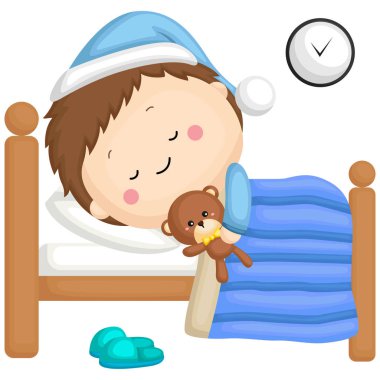 küçük, çizgi film, küçük, gülümseme, çocukluk, Genç, pijama, terlik, dinlenme, uyku, akşam, gece, saat, saat, illüstrasyon, küme, vektör, oyuncak, ayı, teddy, yatak, battaniye, Sevimli, çocuk, çocuk, çocuk
