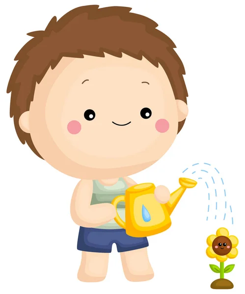 Boy Watering Sunflower His Watering Can — Stock Vector