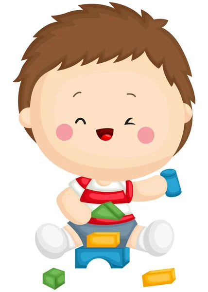 Kid Sitting While Playing Building Blocks — Stock Vector