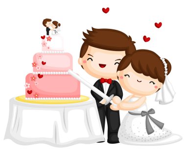 mutlu bir çift düğün pastası kesme