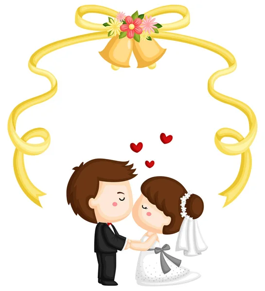 Ein Bräutigam Und Eine Braut Küssen Sich Unter Einer Glocke — Stockvektor