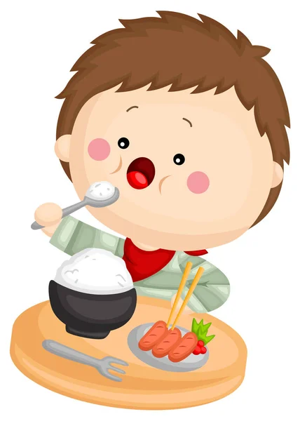 Chico Comiendo Arroz Con Salchicha Tomate — Vector de stock